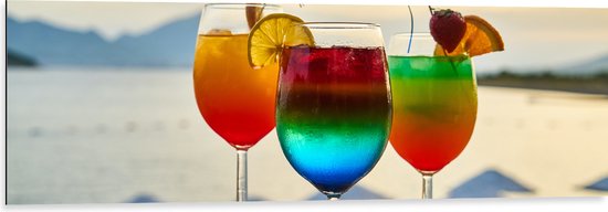 Dibond - Kleurrijke Cocktails met Uitzicht op Zee - 120x40 cm Foto op Aluminium (Met Ophangsysteem)