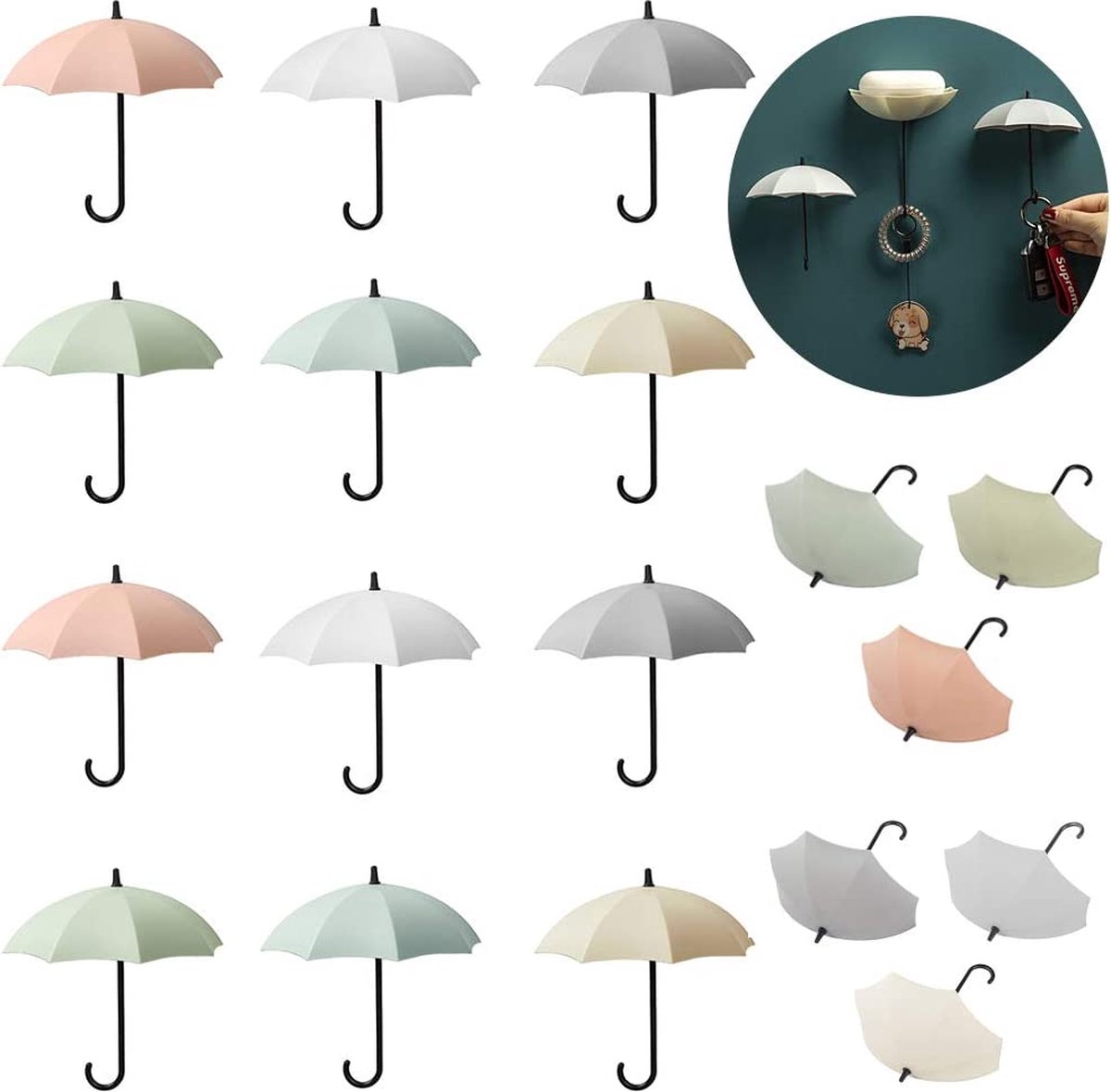 Parapluhaken, 18 stuks, zelfklevende paraplu, wandhaken, sleutelhaken, paraplu, doe-het-zelfdecoratie, haken, voor keuken, badkamer, muur, handdoekhaak, kledinghaak