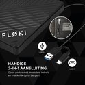 Zwarte Floki optische drive met een "handige 2-in-1 aansluiting" en USB 3.0 en USB-C kabels.