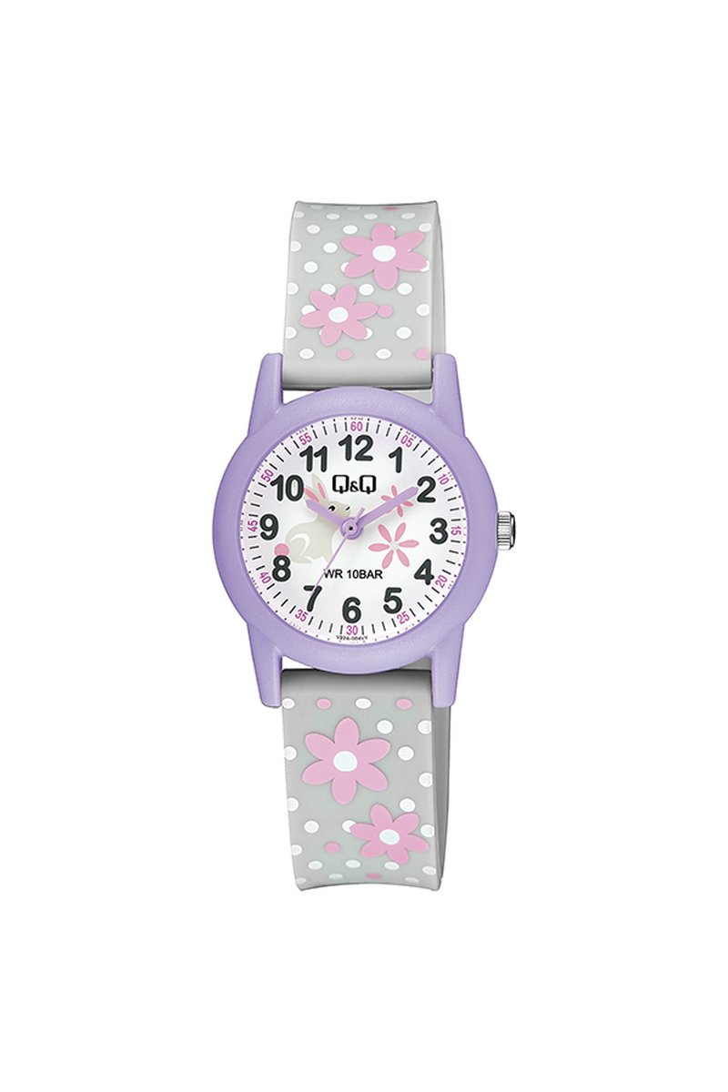 QQ V22A-004VY - Horloge - Sport - Analoog - Kinderen - Unisex - Plastic band - Rond - Kunststof - Cijfers - Bloemen - Stippen - Konijn - Paars - Grijs - Wit - Roze - 10 ATM