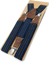 Luxe chique – heren bretels – 3 extra stevige clips – blauw gestreept met wit/grijs design – met bruin leer – bretels