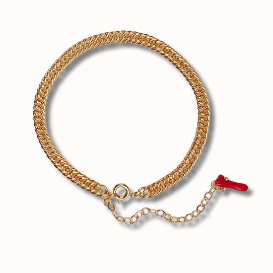 ByNouck Jewelry - Armband Curb Chain Koraal Rood - Sieraden - Vrouwen - Goudkleurig - Armband
