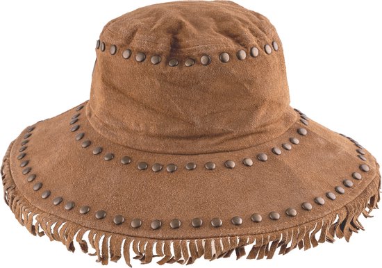 Chapeau en peau de daim marron / beige avec franges et clous - Été - Festival - Circonférence 57 cm - Haute qualité