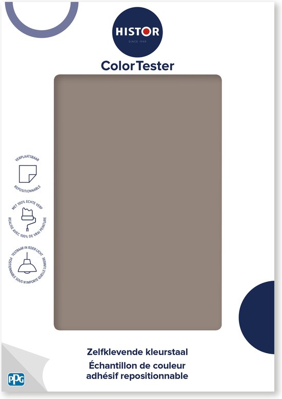 Histor Color Tester met een bruine kleurstaal en tekst in het Nederlands en Frans.