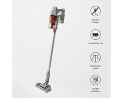 Sinji Draadloze Steelstofzuiger, Huisdier geschikt - Snoerloos & Zonder zak - Kruimeldief functie en Ophangsysteem met ingebouwde oplader - 40 min. batterijduur - Filter systeem – Zilver/Oranje