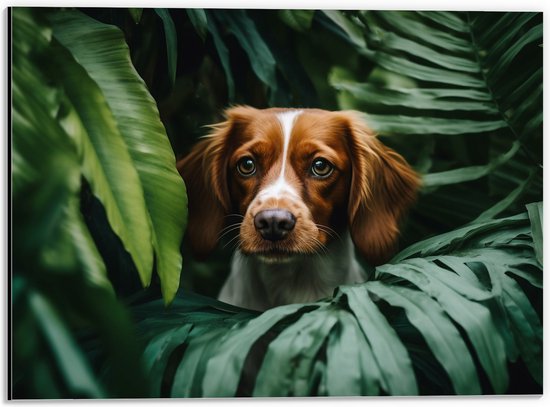 Dibond - Bruin met Witte Hond tussen de Groene Bladeren - 40x30 cm Foto op Aluminium (Wanddecoratie van metaal)