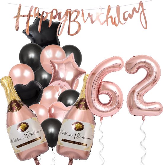 62 Jaar Verjaardag Cijferballon 62 - Feestpakket Snoes Ballonnen Pop The Bottles - Rose Zwart Versiering