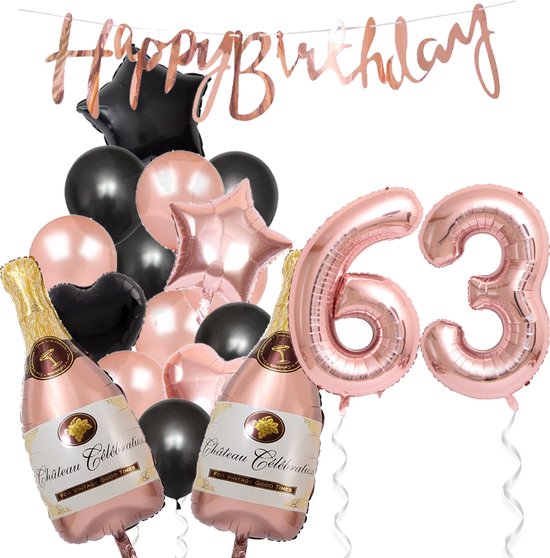 63 Jaar Verjaardag Cijferballon 63 - Feestpakket Snoes Ballonnen Pop The Bottles - Rose Zwart Versiering