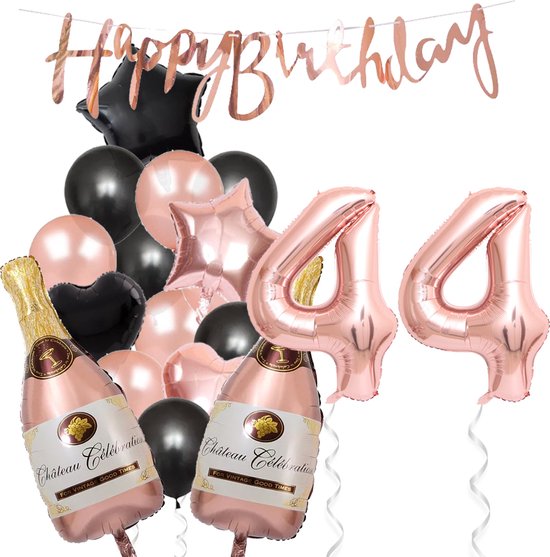 44 Jaar Verjaardag Cijferballon 44 - Feestpakket Snoes Ballonnen Pop The Bottles - Rose Zwart Versiering