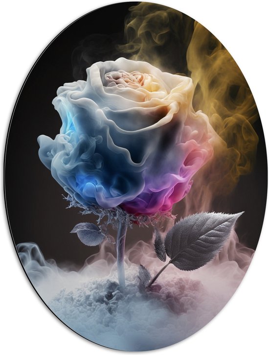 Dibond Ovaal - Rokende Witte Roos met Kleurrijke Details - 51x68 cm Foto op Ovaal (Met Ophangsysteem)