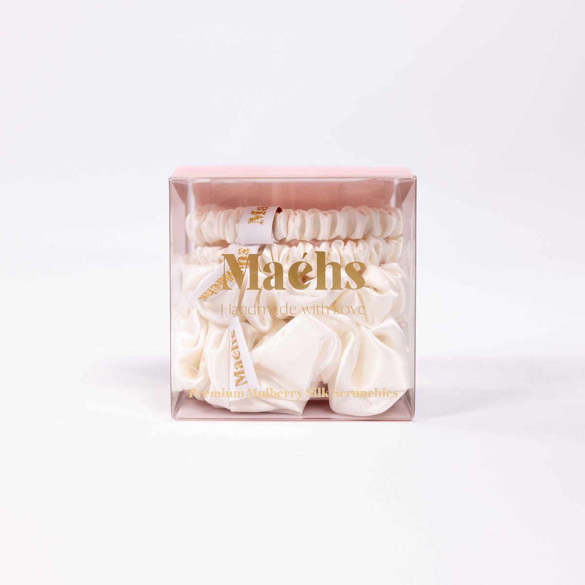 Maéhs Zurich Set van 4 mixed scrunchies 2x small medium, large haaraccessoires - haarelastiekjes - 100% moerbei zijde, kwaliteit 22 Momme - Kleur ivory ivoor - cadeautip
