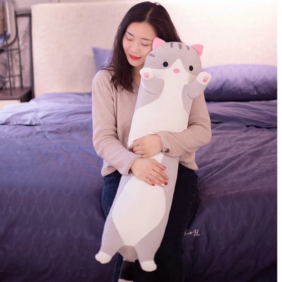 Foto: Klikkopers kawaii kussen lange kat knuffel 115 cm tot 120 cm kawaii knuffel grijs body pillow lichaamskussen zwangerschapskussen knuffel kat