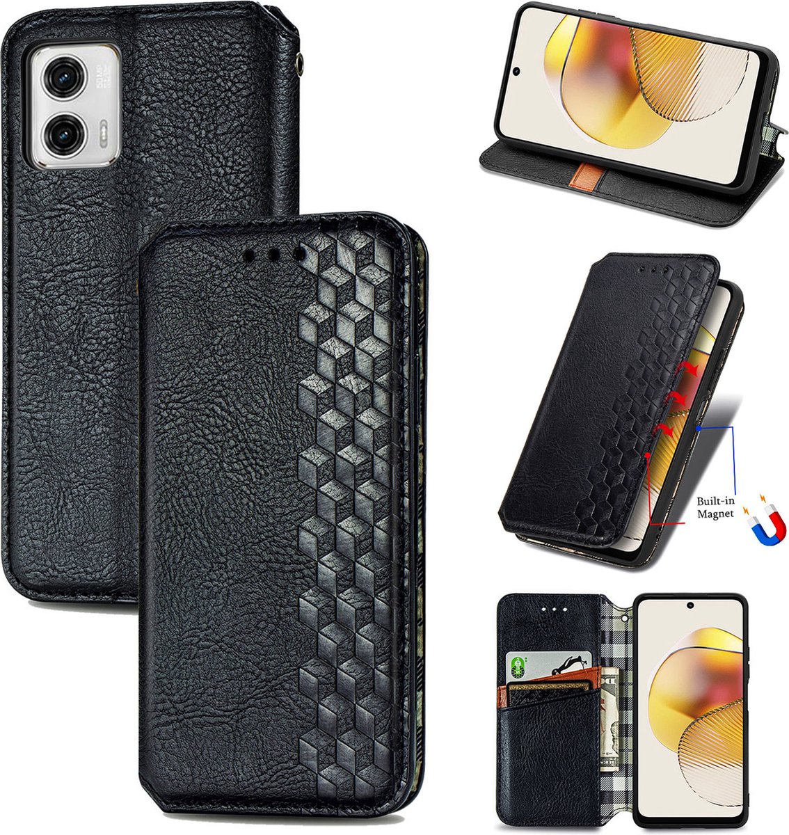 Luxe PU Lederen Ruitpatroon Wallet Case + Glas Screenprotector voor Moto G73 5G _ Zwart