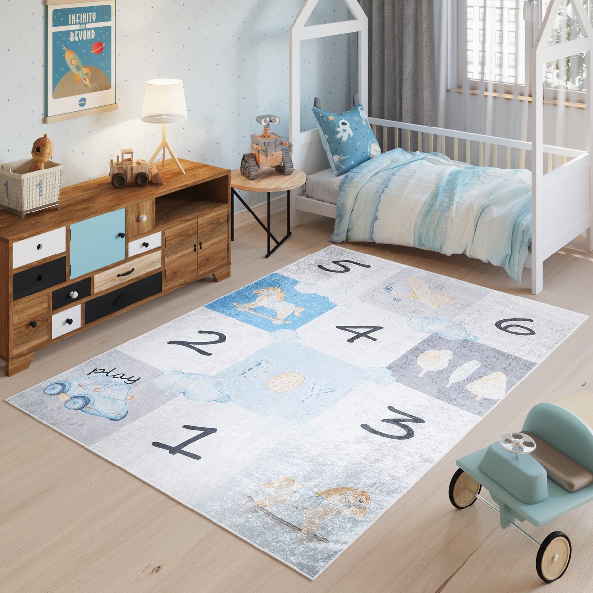 Tapiso Emma Vloerkleed Kinderkamer Speeltapijt Kleed Blauw Speelmat- 120x170 Grijs 3