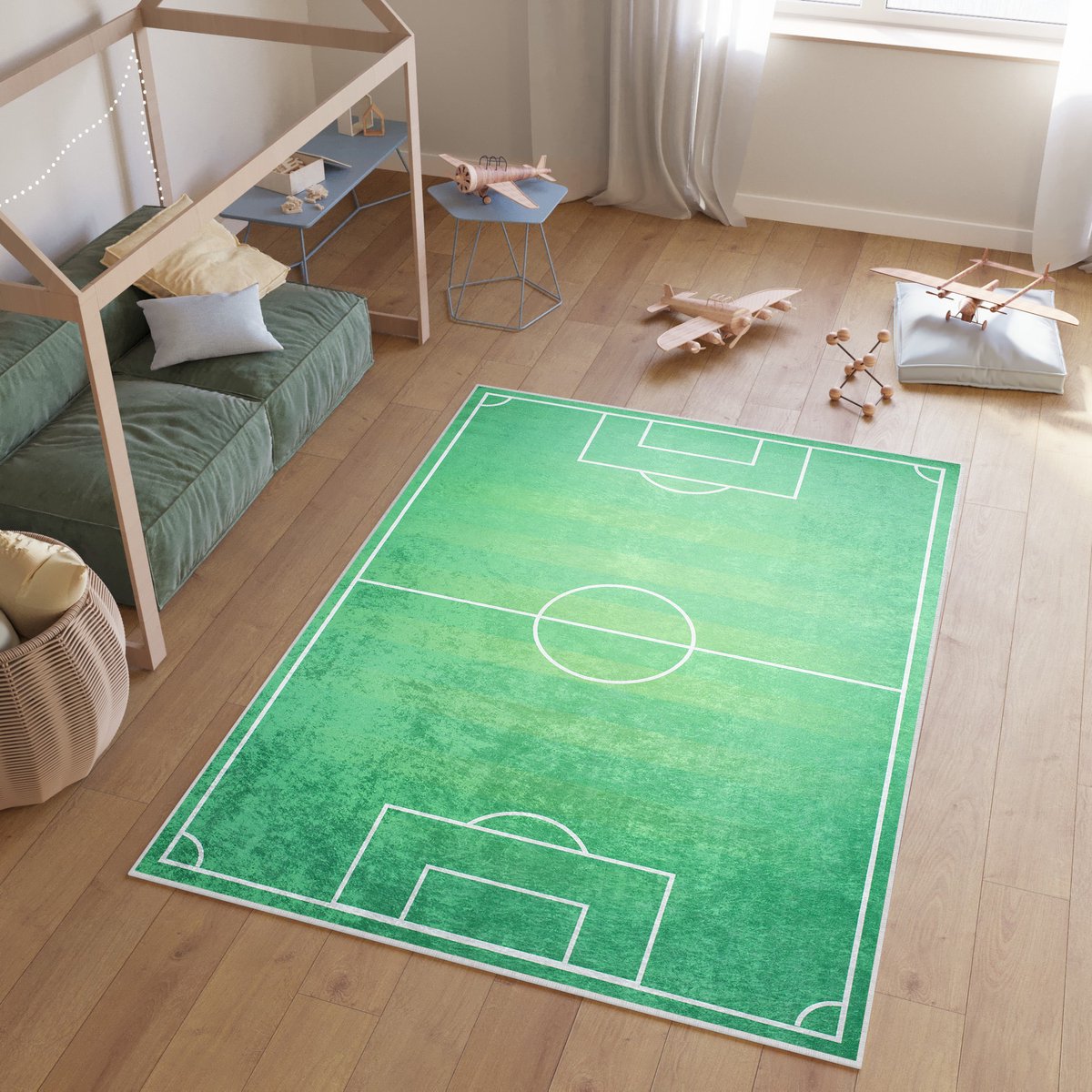 Tapiso Emma Vloerkleed Voetbalveld Speeltapijt Kinderkamer Tapijt Maat- 140x200 Groen 3