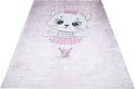 Tapis rose avec un chaton ballerine blanc, un nœud et un tutu roses.