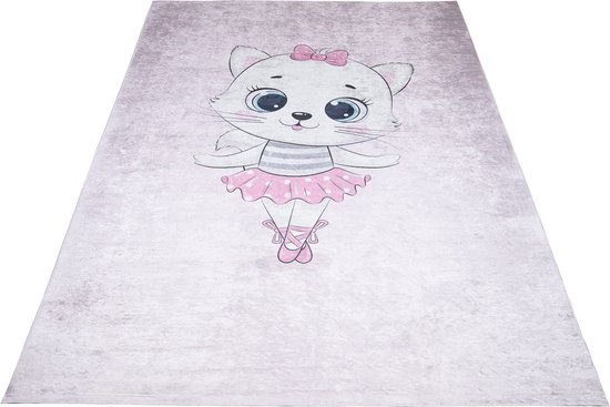 Tapis rose avec un chaton ballerine blanc, un nœud et un tutu roses.