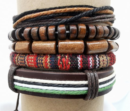 Stoere - heren armband – Set van 5 verschillende bandjes waarvan: Leer, hout kralen, textiel - zelf in grootte instelbaar.