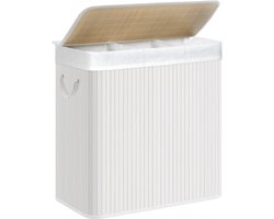 SONGMICS - Wasmand 150 liter - 3 sorteervakken - 60x40x61.5 - bamboe met stof - wit LCB091W01