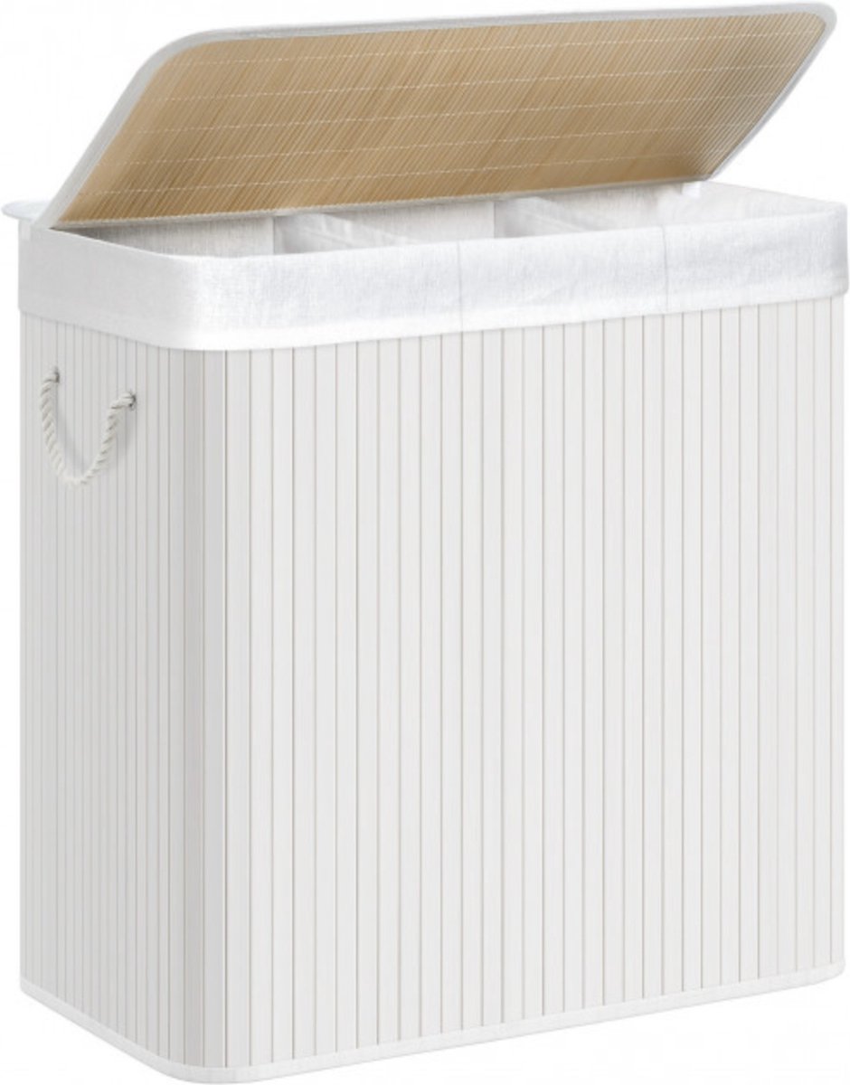 SONGMICS - Wasmand 150 liter - 3 sorteervakken - 60x40x61.5 - bamboe met stof - wit LCB091W01