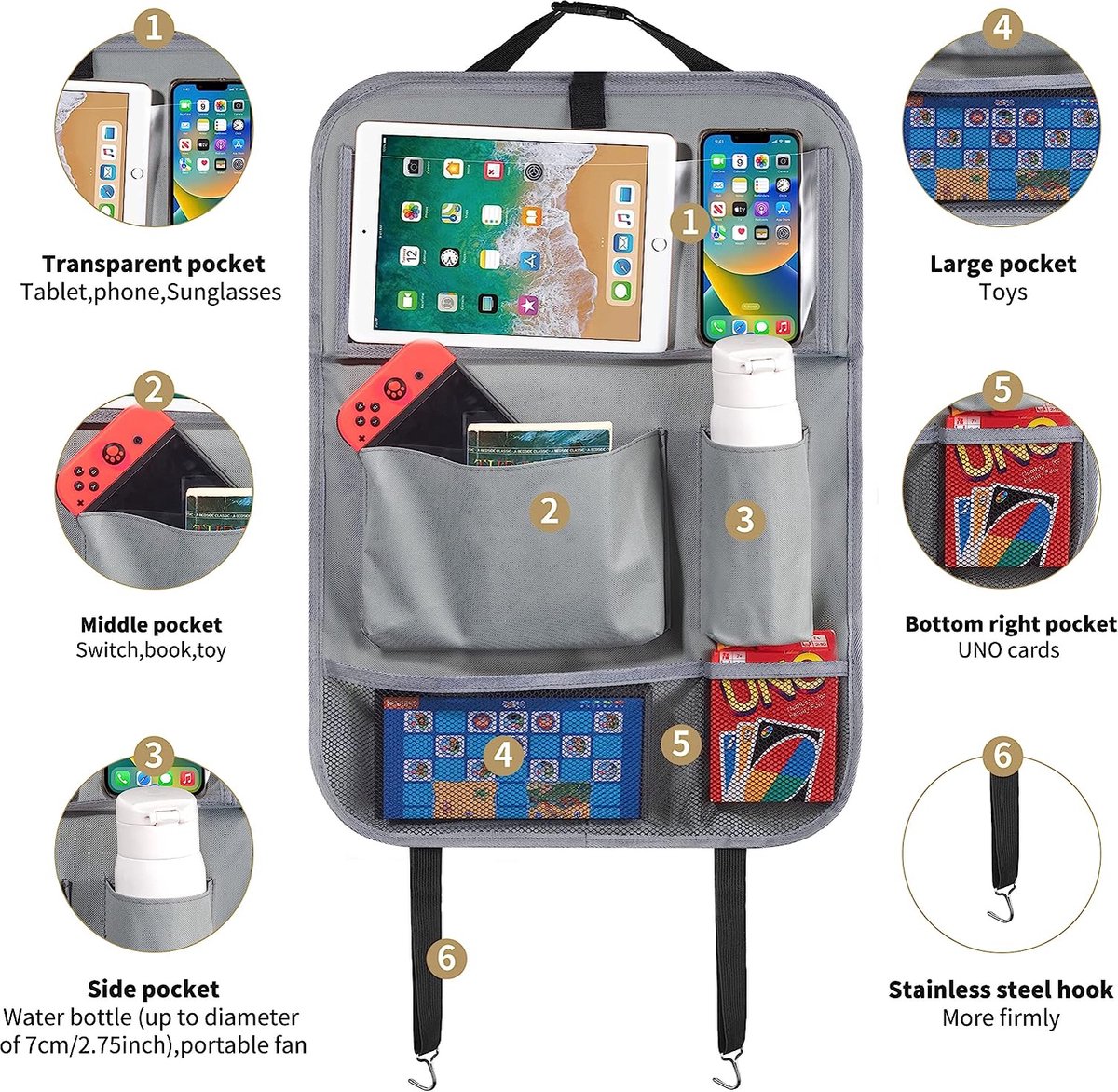 Uootach 2 stuks auto-organizer, autobescherming, waterdichte achterbankbeschermer, Oxford, organizer, auto, voorstoel, meerdere zakken met iPad/tablet-zak, 12 inch Uootach 2 stuks auto-organizer, autobescherming, waterdichte achterbankbeschermer, Oxford, organizer, auto, voorstoel, meerdere zakken met iPad/tablet-zak, 12 inch
