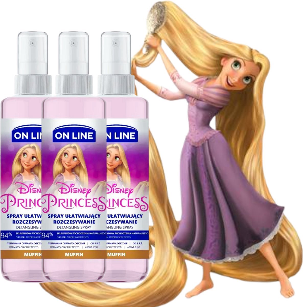 On Line Disney Princess Rapunzel Anti Klit Spray Muffin - Anti Klit Spray Kinderen - Muffin geur - Detangling Spray - 3 x 200 ml