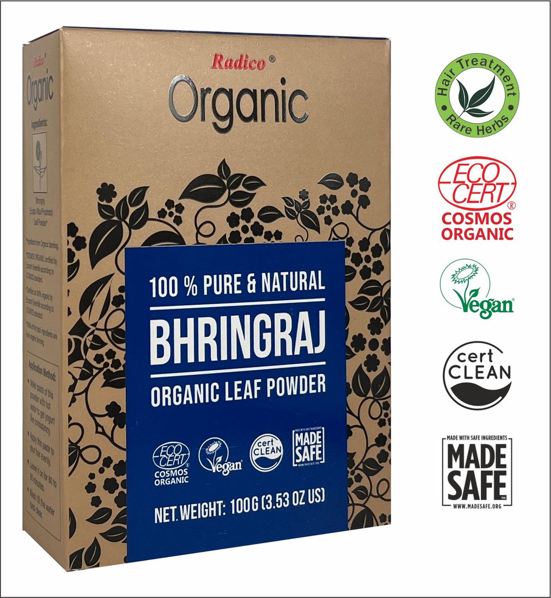 Radico BIO ORGANIC BHRINGRAJ (MAKA) 100% Natuurlijke BIO Organic Vegan HAARGROEI, Anti-Roos, Anti- Haaruitval, Anti-Vergrijzing, Glans, Care, Volume, Versterkende, Kalmerende, Reinigende, Voedende Poeder Haarmasker met ECOCERT 100g