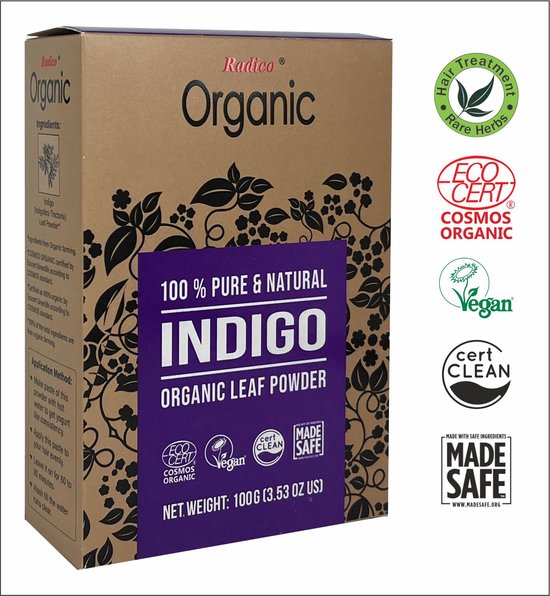 Radico 100% ORGANIC INDIGO 100% Natuurlijke BIO Organic Care Haarverf Zonder Ammoniak Ammonia PPD PTD Peroxide Waterstofperoxide met ECOCERT 100g