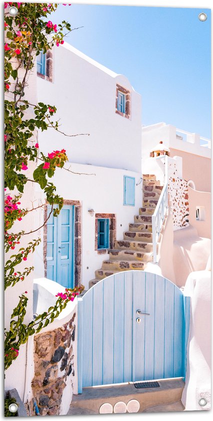 Tuinposter – Huisje - Trap - Deur - Poort - Blauw - Bloemen - Planten - Roze - Stenen - 50x100 cm Foto op Tuinposter (wanddecoratie voor buiten en binnen)