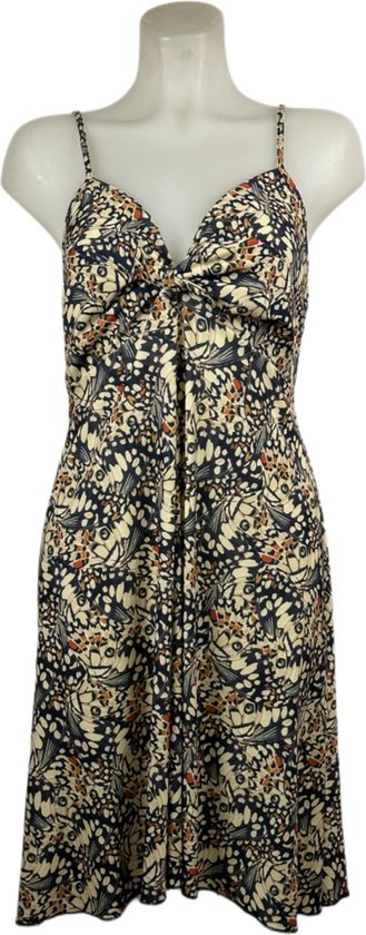 Angelle Milan – Travelkleding voor dames – Beige Vlinderprint jurk met Bandjes – Ademend – Kreukherstellend – Duurzame jurk - In 4 maten - Maat S