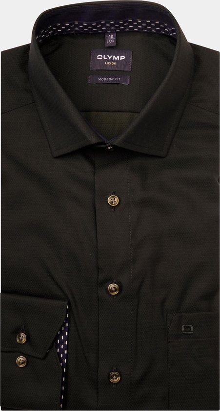 OLYMP modern fit overhemd - structuur - olijfgroen (contrast) - Strijkvrij - Boordmaat: 40