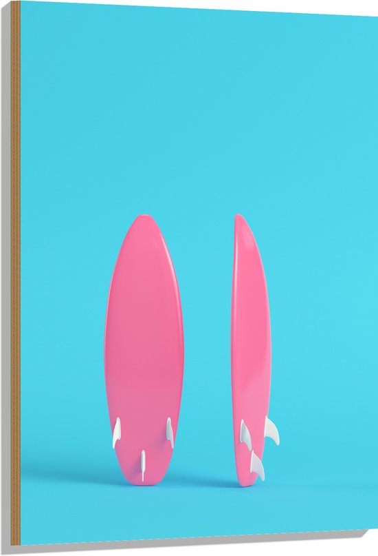 Hout - Twee Roze Surfboads tegen Felblauwe Achtergrond - 70x105 cm - 9 mm dik - Foto op Hout (Met Ophangsysteem)
