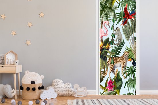 Sticker pour porte Jungle - Animaux - Filles - Enfants - Garçons - Flamingo - Perroquet - 85x215 cm - Poster de porte