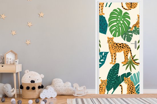 Sticker de porte Jungle - Léopard - Plantes - Motif - Meiden - Garçons - 90x205 cm - Poster de porte