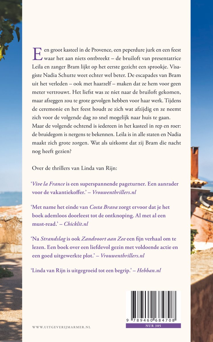 Achterkant van een boek met titel 'Linda van Rijn Provence' en recensies. Streepjescode 9789460684700 NUR 305.