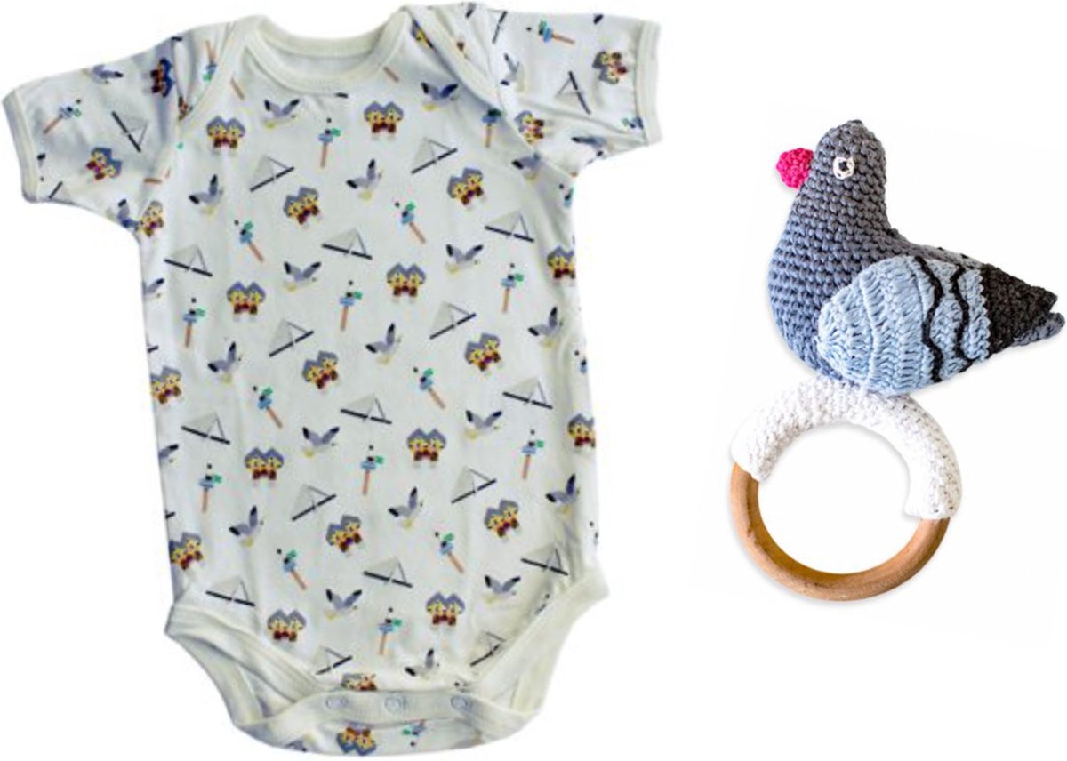 Goedkoopste Combideal Rotterdam met romper all-over print en crochet toy duif