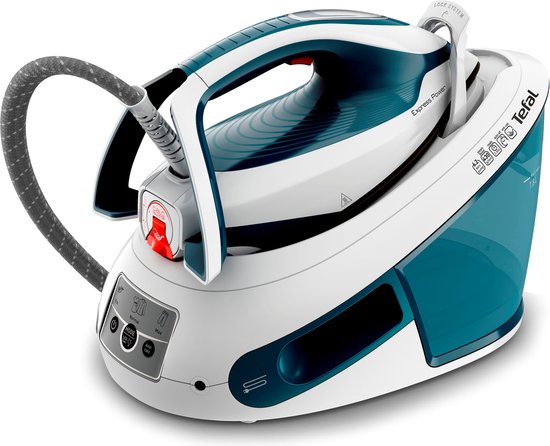 Wit en blauw Tefal stoomstrijkijzer met watertank en grijze slang.