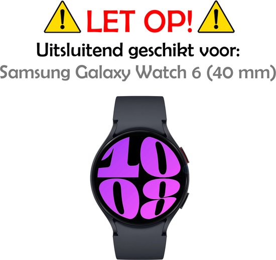 Zwarte smartwatch met paars display. Exclusief geschikt voor Samsung Galaxy Watch 6 (40 mm).