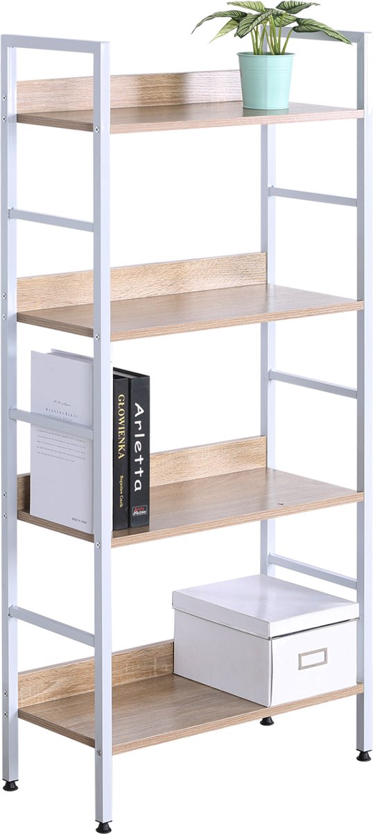 Happyment open boekenkast Bila - 4 planken - Voor kantoor - woonkamer - slaapkamer - 60 x 27.5 x 126 - industrieel ontwerp - vintage Wit/Oak