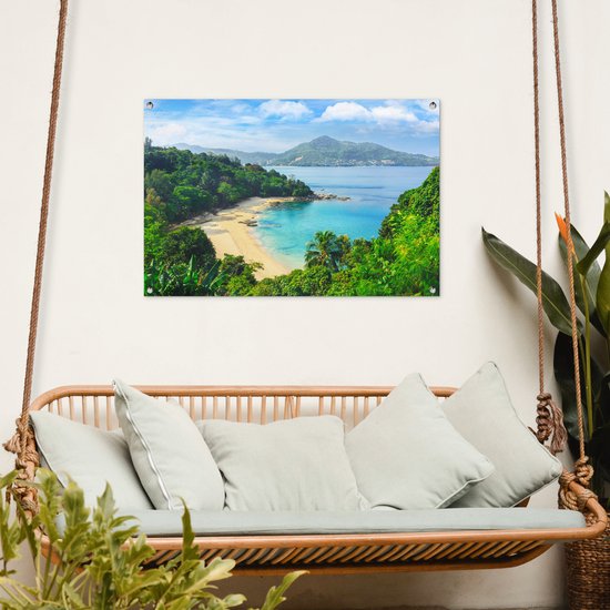 Tuinposter 90x60 cm - Tuindecoratie Strand - Zee - Eiland - Boom - Poster voor in de tuin - Buiten decoratie - Schutting tuinschilderij - Tuindoek muurdecoratie - Wanddecoratie balkondoek