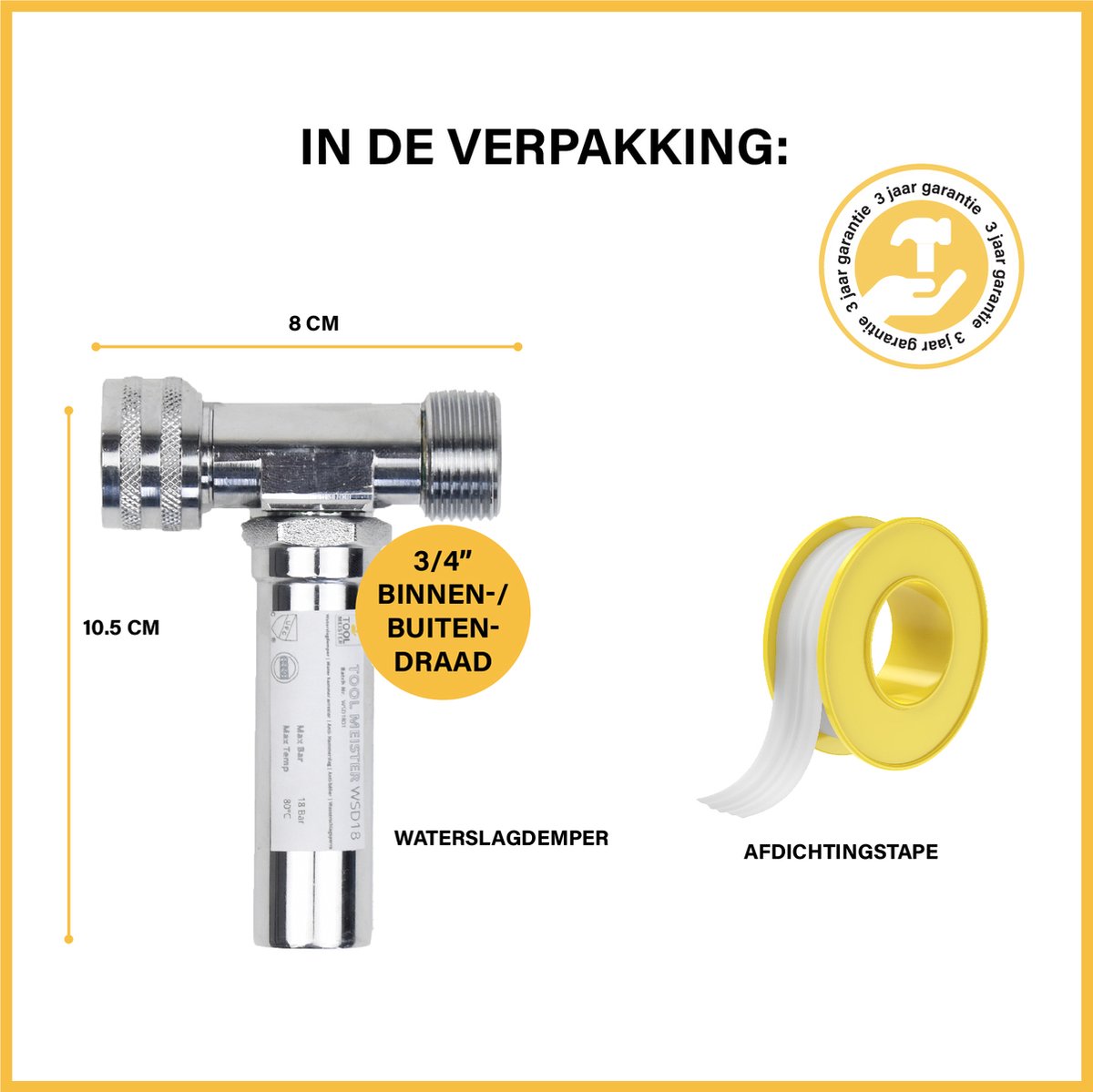 Tool Meister WSD18 Waterslagdemper 3/4 - Voor Wasmachine/Kraan/ed. - met T-stuk en Afdichtingstape - Verchroomd — afbeelding 6