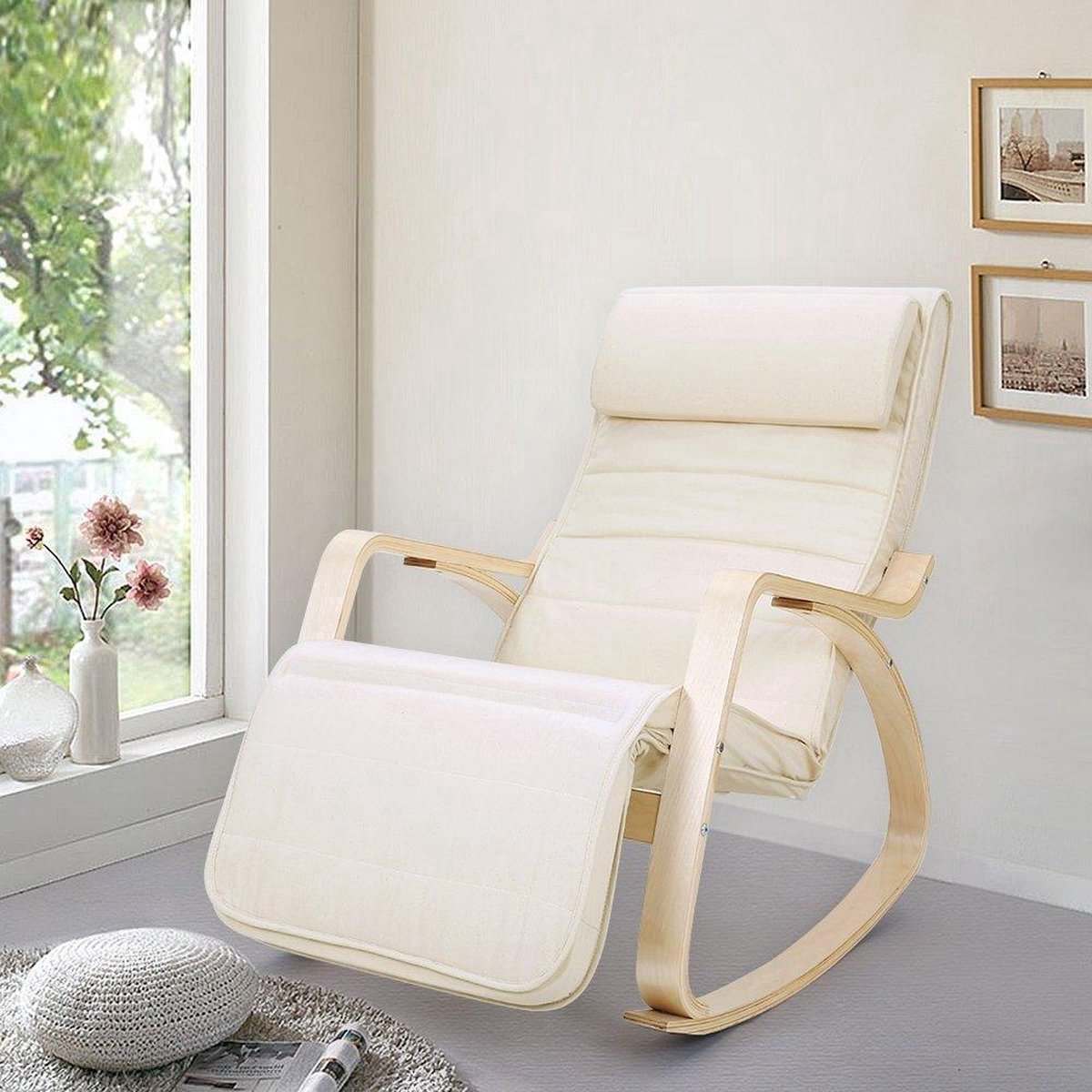 Schommelstoel met Verstelbare Voetensteun - Naturel/ Beige - 67x115x91 cm (BxDxH) — afbeelding 5