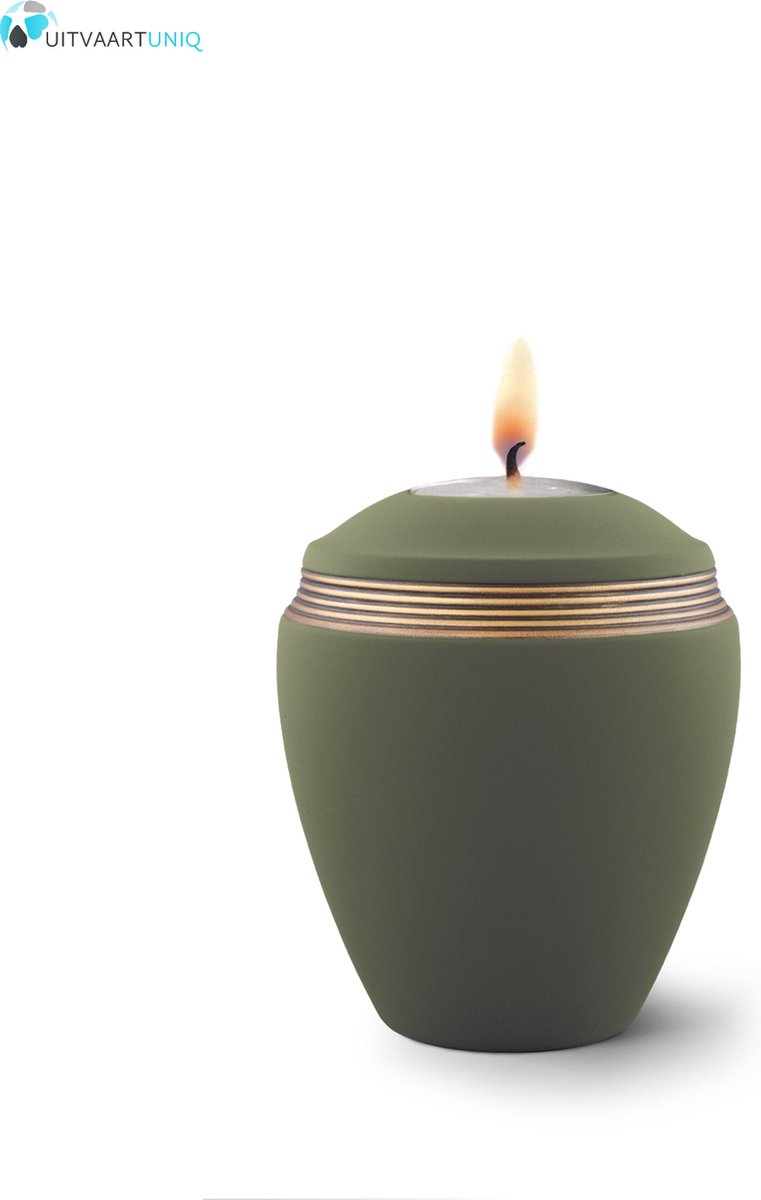 Mini urn palmgroen met herdenkingslichtje - keramiek