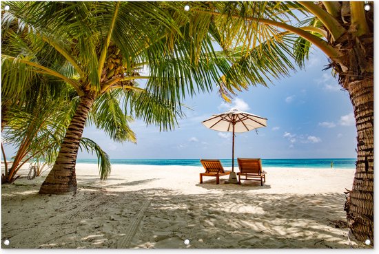 Tuinposter - Tuindoek - Tuinposters buiten - Strand - Strandstoel - Parasol - 120x80 cm - Tuin