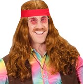 Widmann - Hippie Kostuum - Rijkelijke Pruik, Hippie Met Hoofdband En Snor - Bruin - Carnavalskleding - Verkleedkleding
