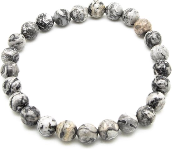 Grijze marmerkleurige kralenarmband met veegpatronen.