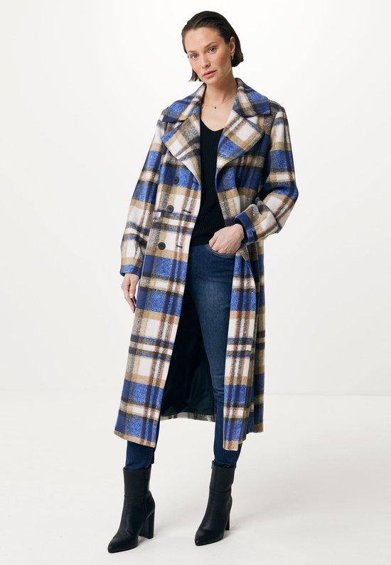 Checked Trenchcoat Dames - Bright Blauw - Maat M