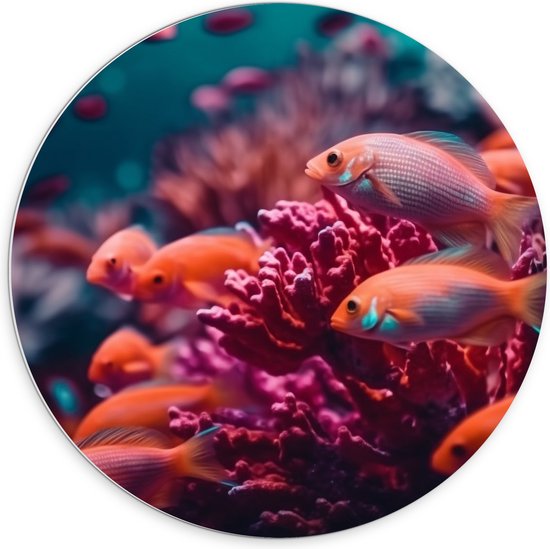 PVC Schuimplaat Muurcirkel - Groep oranje vissen zwemmen door een roze koraal heen - 70x70 cm Foto op Muurcirkel (met ophangsysteem)