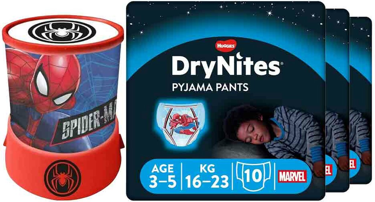 Goedkoopste DryNites Luierbroekjes Boy 3-5 jaar Voordeelbox Spiderman Led Projector Lamp Pakket