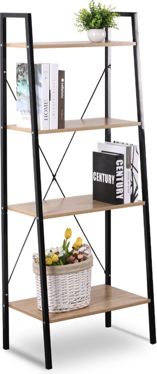 Happyment Boekenkast Zita industrieel - 4 lagen - Zwart/eiken - Boekenrek - Woonkamer, slaapkamer en kinderkamer - Hout - Wit - 60x35x148cm